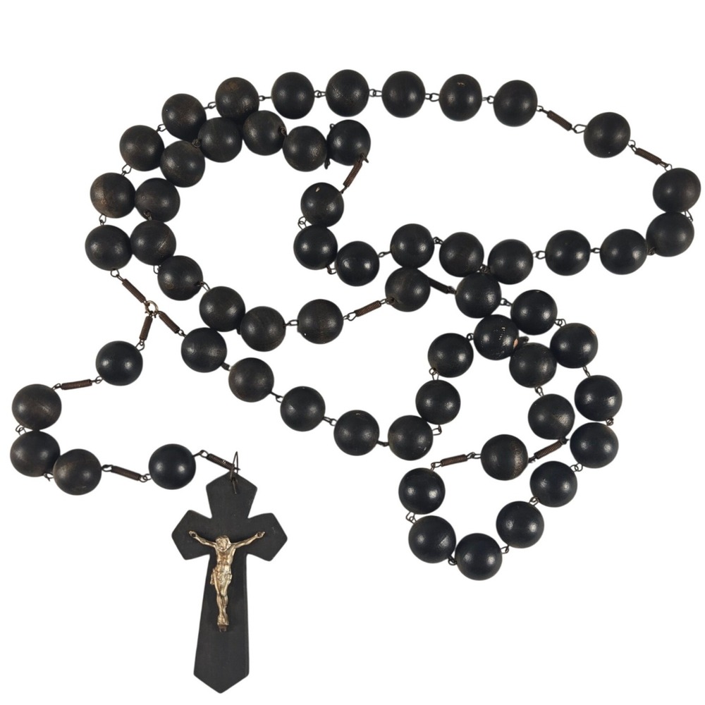 Large Black Wood Wall Rosary 45" Crucifix Oversized Catholic Religious Decor
